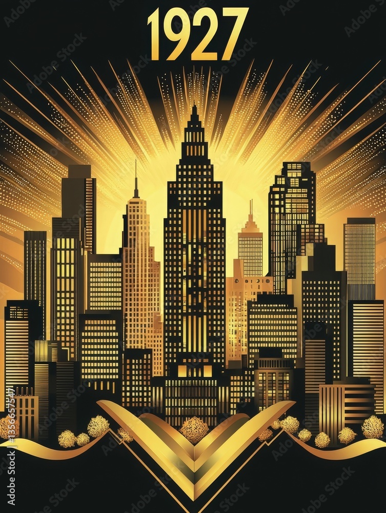 A dazzling art deco representation showcases a vibrant city skyline, featuring tall skyscrapers radiating golden light. The design reflects the energy and ambition of the year 1927.