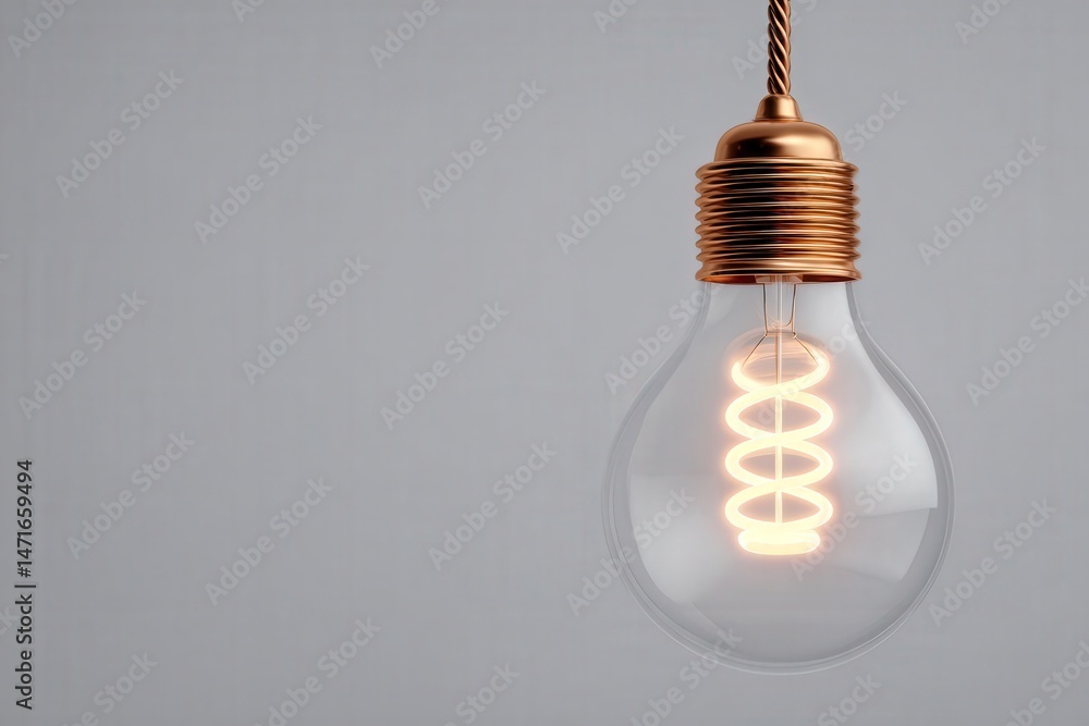 A decorative light bulb featuring a spiral filament hangs from a cord. The bulb is illuminated, highlighting its intricate design, set against a simple gray background.