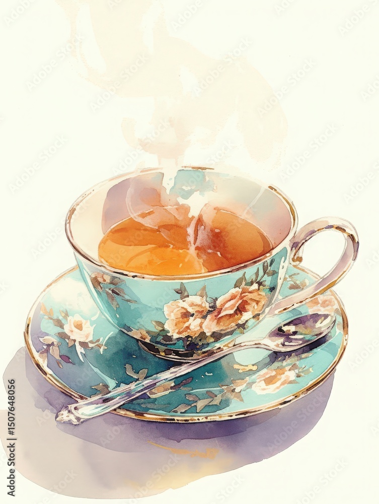 A delicate porcelain teacup filled with steaming tea rests on a matching saucer. The floral design adds elegance as steam rises, creating a peaceful afternoon ambiance perfect for relaxation.