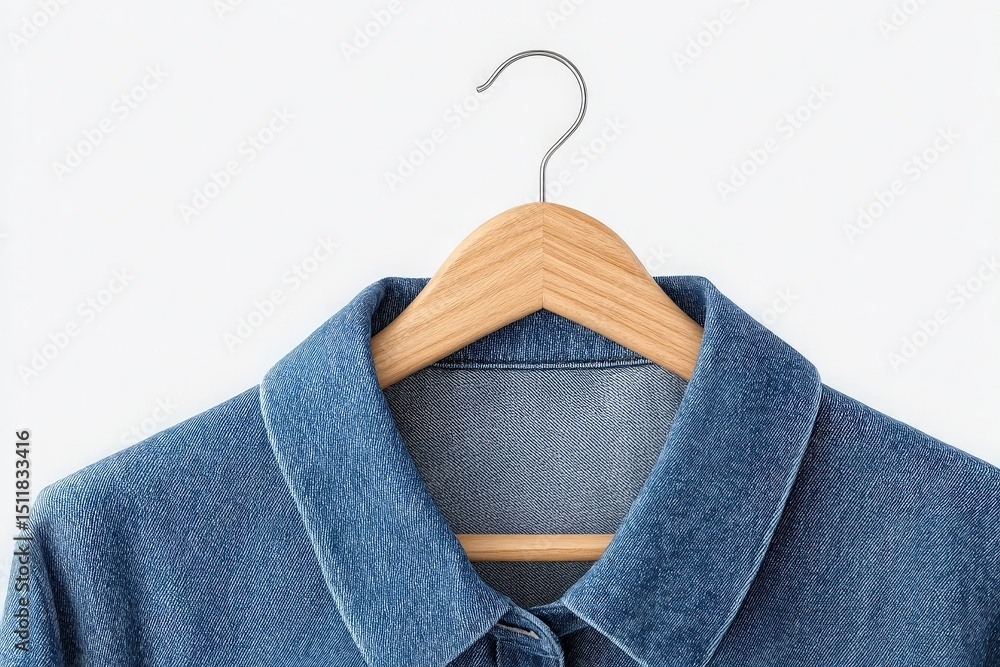 A denim shirt is carefully hung on a wooden hanger, showcasing its collar and texture against a plain white background. The simple arrangement highlights the garments details.