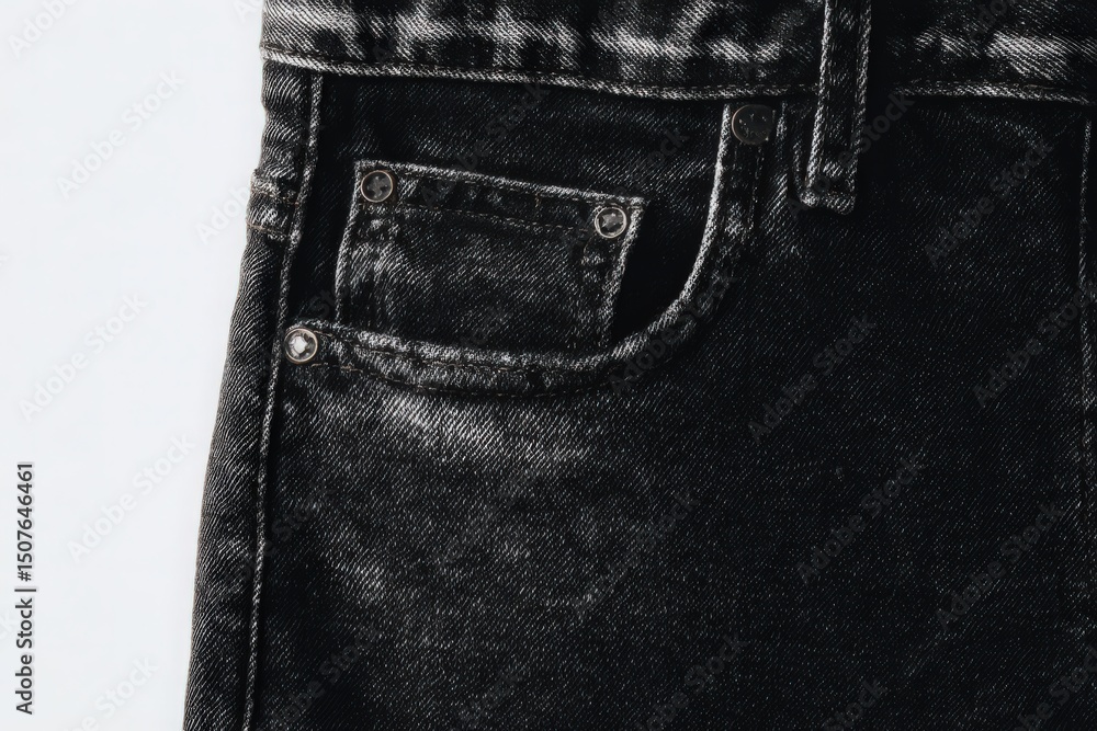 A detailed close-up of black denim jeans showcasing the texture and construction of the fabric. Focus is on pockets and stitching, revealing craftsmanship and style elements.