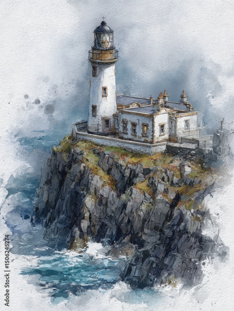 A detailed depiction of a lighthouse standing tall on a rocky cliff. The structure is surrounded by churning ocean waves and a cloudy sky, capturing a serene coastal atmosphere.
