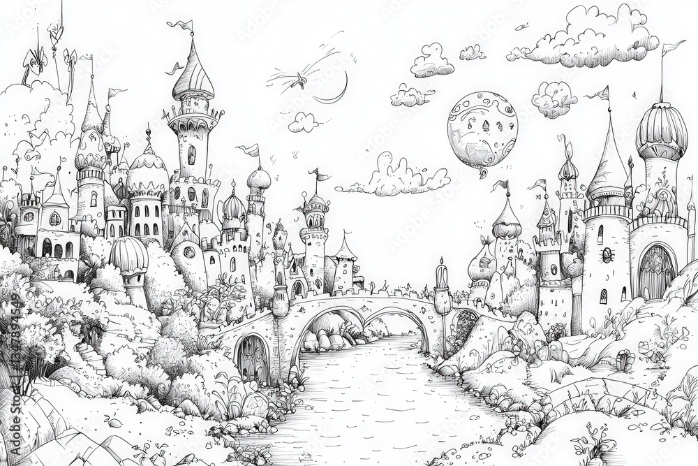 A detailed fantasy landscape features a vibrant castle town with whimsical towers, an arched bridge, and a flowing river. Cloudy skies and a distant planet add to the magical atmosphere.