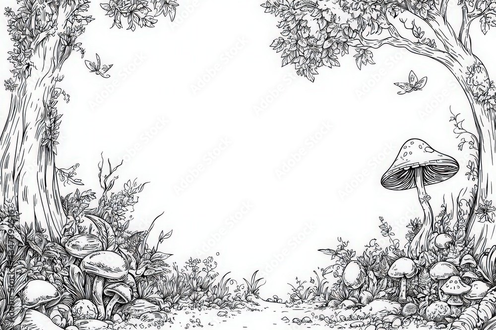 A detailed forest scene features lush trees, diverse mushrooms, and delicate flowers under a clear sky. Grass and various plants create a rich depiction of woodland life.