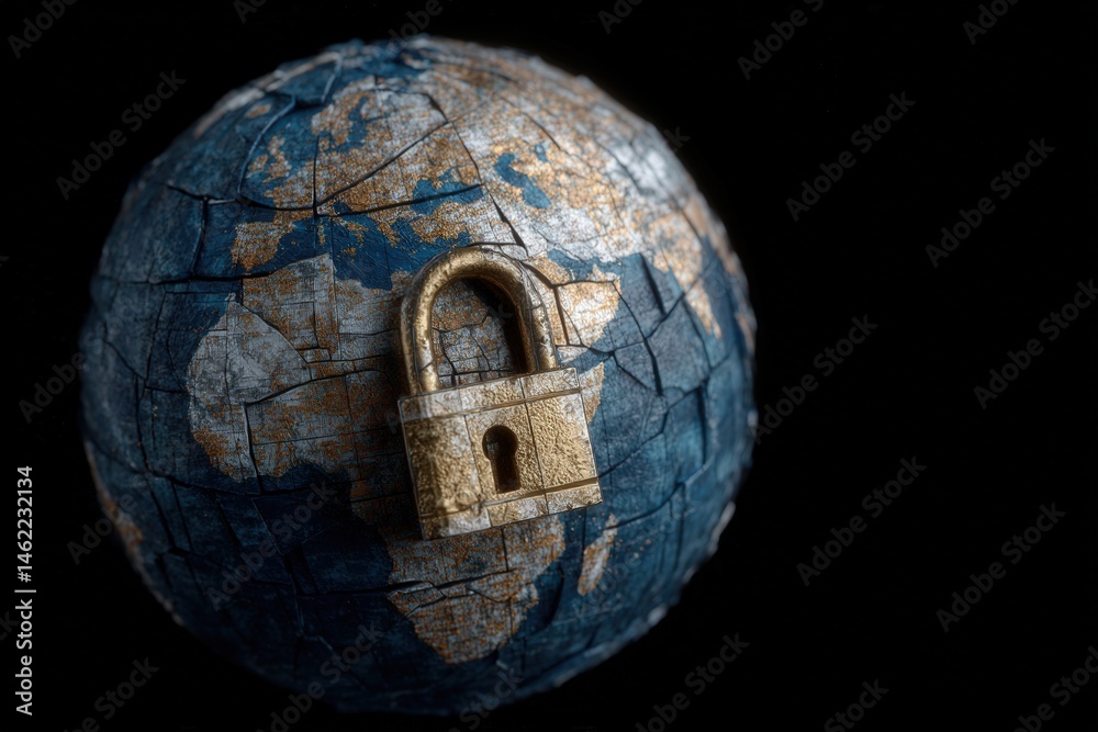 A detailed globe is depicted with a metallic padlock placed on its surface, symbolizing security and protection. The imagery illustrates global safeguarding in a creative and impactful manner.