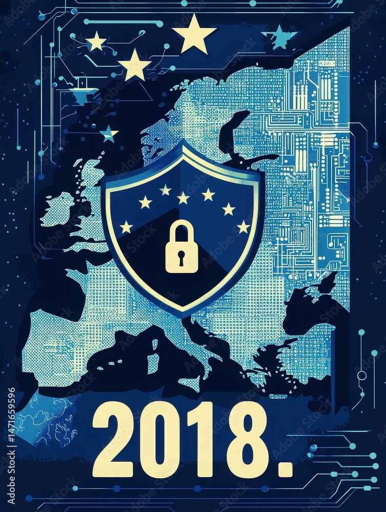A detailed illustration highlights a map of Europe with circuit patterns, showcasing a shield symbolizing digital security.
