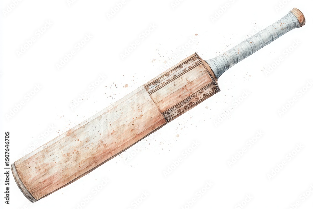 A detailed illustration of a cricket bat highlights its craftsmanship, with a wooden body and a textured grip. This artistic representation showcases the traditional sports equipment.