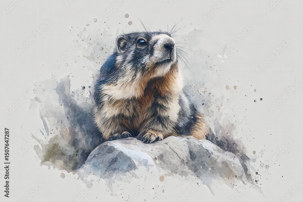 A detailed illustration of a marmot perched on a rock, showcasing its distinctive fur and posture. The background features subtle watercolor textures, highlighting the animals natural environment.