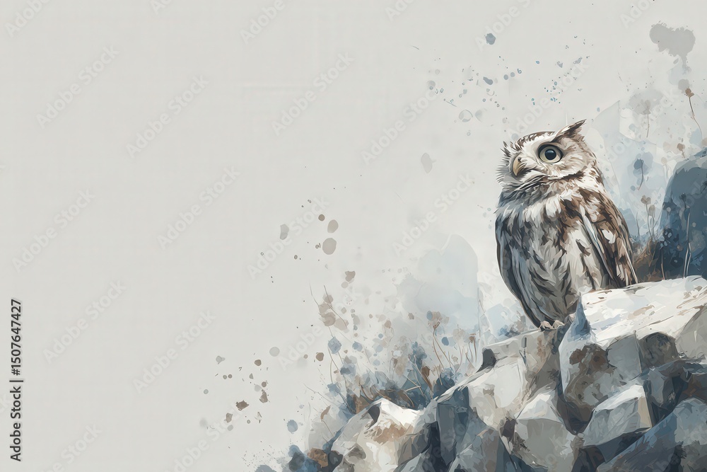 A detailed illustration of an owl standing on a rocky surface, surrounded by soft colors and abstract splashes. The scene captures the essence of wildlife and tranquility in nature.