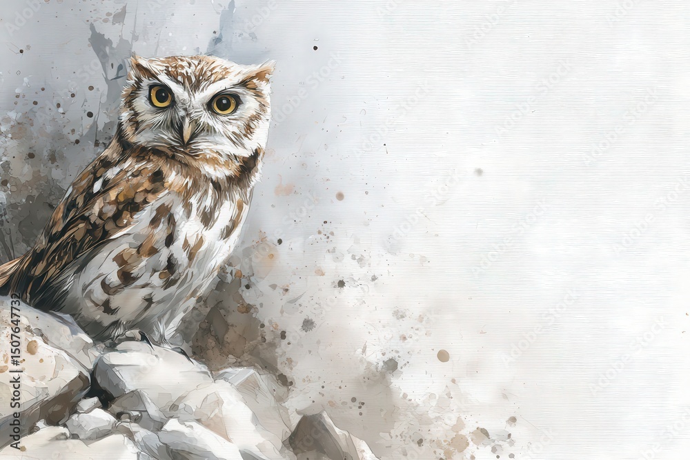 A detailed illustration showcases a majestic owl perched on a rocky surface. The owls striking features blend beautifully with the soft, light background and splashes of color.