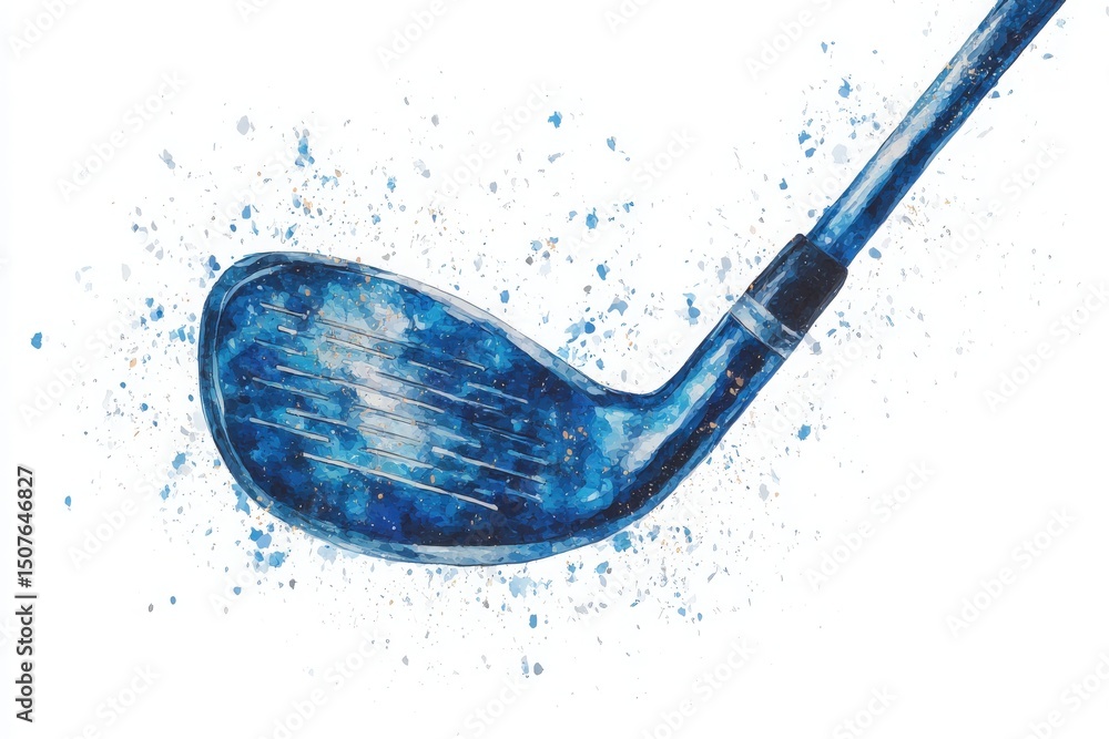 A detailed representation of a golf club is showcased, featuring a blue color palette and splashes of paint. The artwork emphasizes the clubs head and its design, capturing the essence of golf.