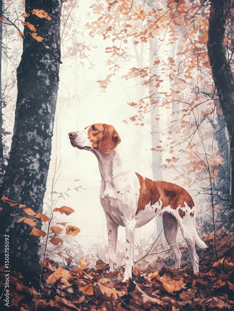 A dog gazes upward in a serene forest scene filled with tall trees and colorful autumn leaves. The mist creates a tranquil atmosphere that accentuates the natural beauty.