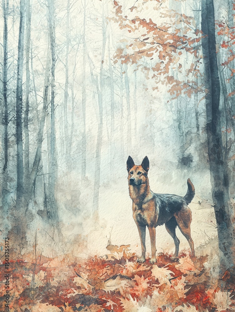 A dog stands alert in a misty forest setting. Red and orange autumn leaves cover the ground, while the trees loom in the background, shrouded in fog. The atmosphere is tranquil and mysterious.