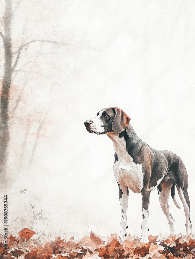 A dog with striking features stands alert among fallen autumn leaves. The soft fog creates a tranquil atmosphere in the wooded background, enhancing the autumnal scene.