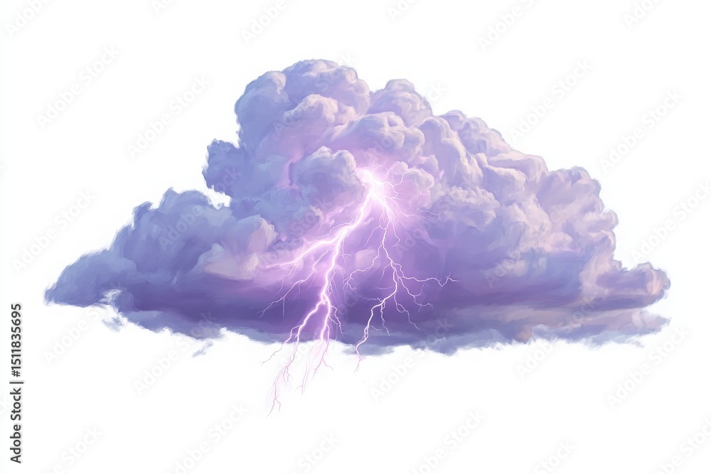 A dramatic storm cloud fills the sky with thick, billowing formations, illuminated by striking purple lightning. The intensity of the scene showcases natures raw energy and beauty.
