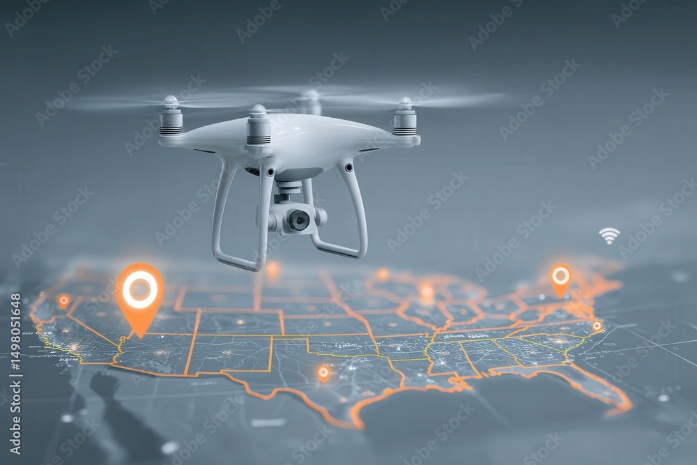 A drone hovers above a detailed map of the United States, showcasing geolocation markers and connectivity signals. The technology highlights modern navigation and mapping capabilities.