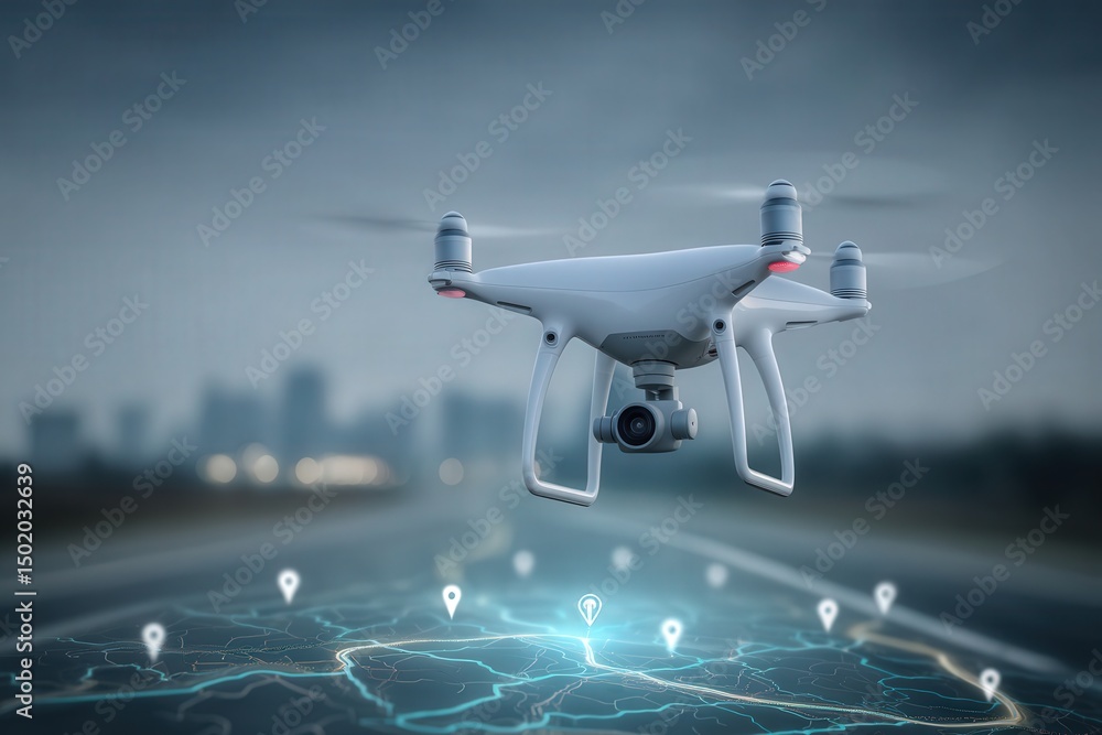 A drone hovers above a road, displaying location pins around it. This aerial view captures urban mapping and surveying activities, showcasing technologys role in modern navigation.