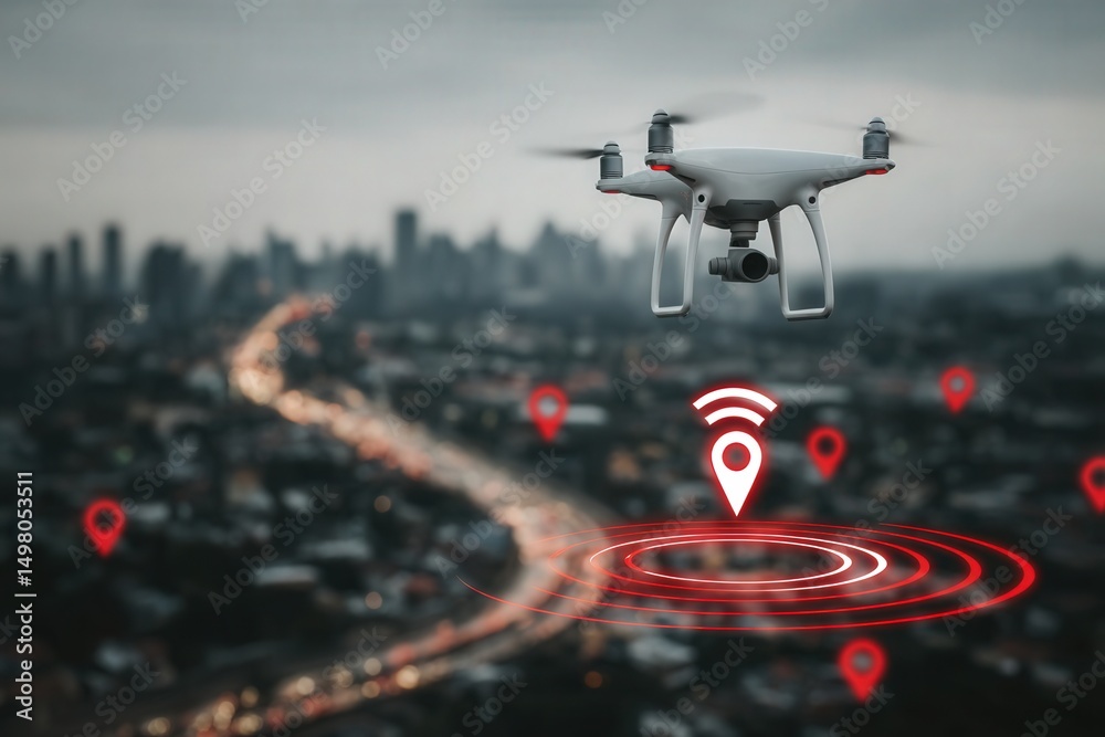 A drone hovers in the air over a bustling city, capturing aerial views amid a cloudy sky. Navigation markers can be seen, suggesting its route or area of interest.