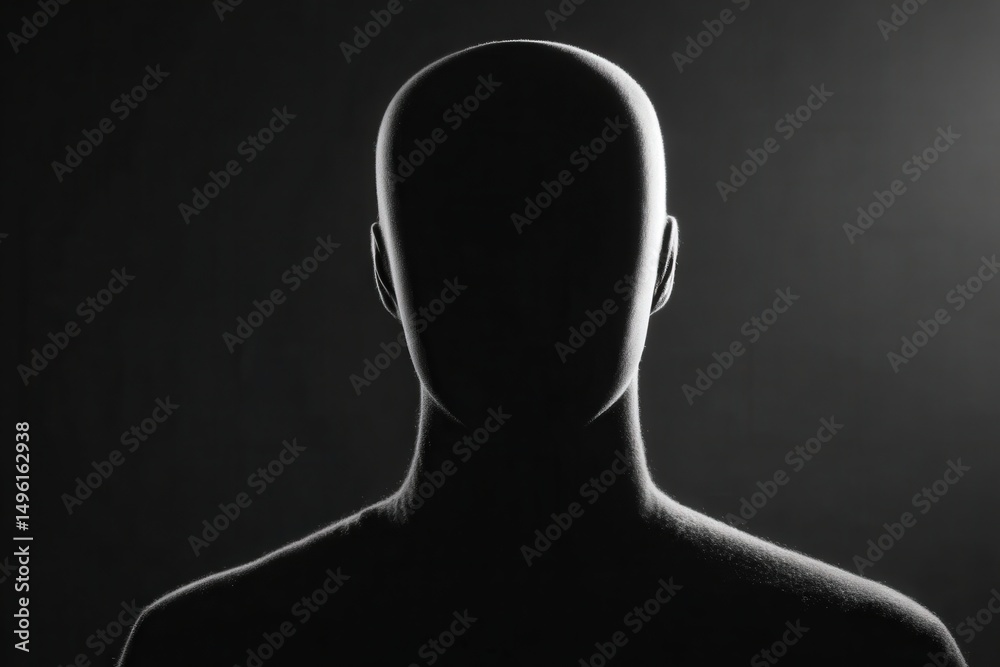 A faceless figure is centered in darkness, illuminated from behind, creating a striking silhouette. The absence of features evokes a sense of mystery and intrigue.