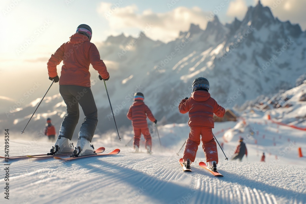 A family ski trip unfolds on a snowy mountainside at sunset. Parents guide their children in bright orange outfits as they navigate the slopes surrounded by majestic peaks.