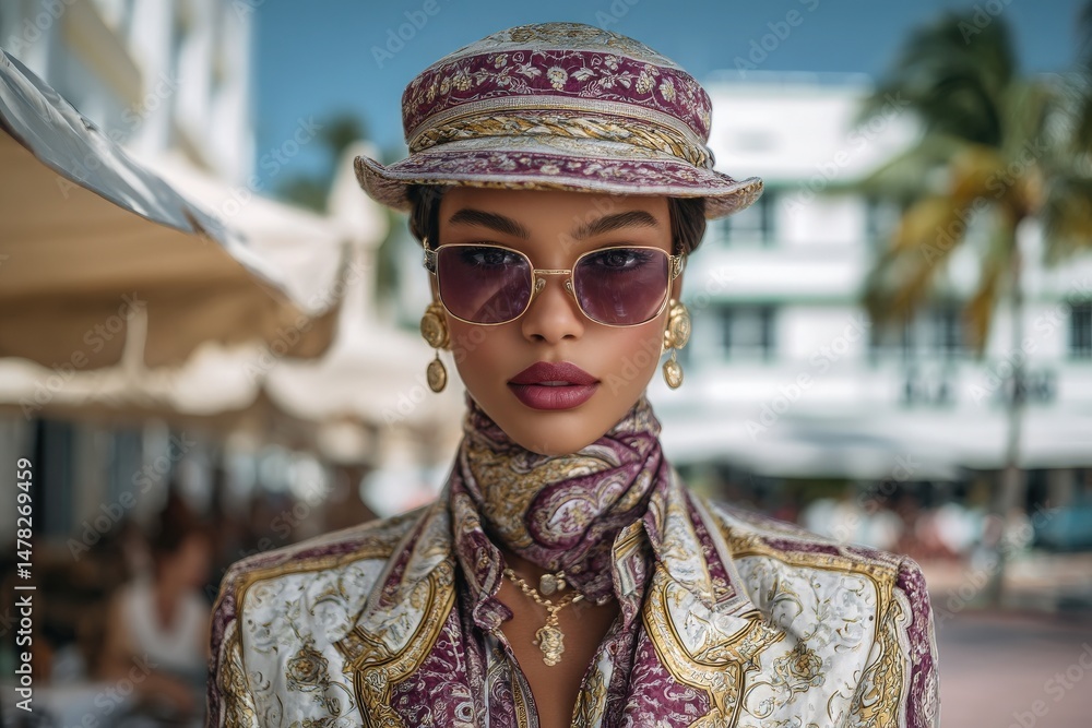 A fashion model stands confidently outdoors, wearing a stylish patterned outfit complemented by sunglasses and accessories. Palm trees and a bustling cafe backdrop enhance the vibrant setting.