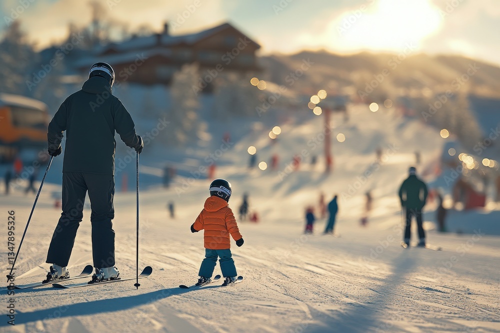 A father and his young child stand on a ski slope, preparing to ski together.