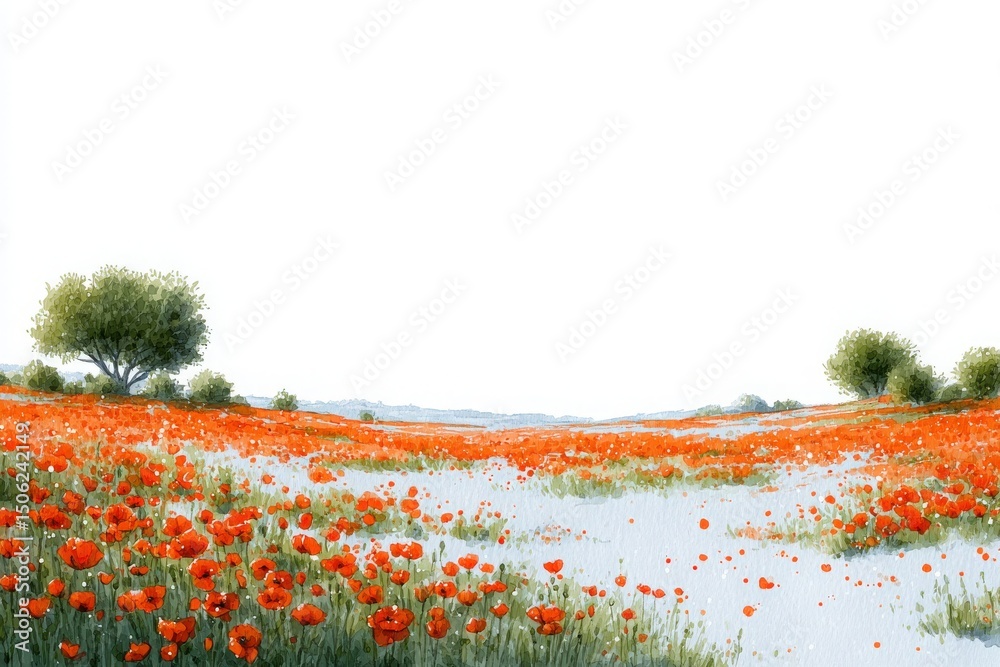 A field filled with blooming red poppies stretches across the landscape, under a clear blue sky. Lush greenery surrounds the flowers, creating a scenic and peaceful atmosphere.