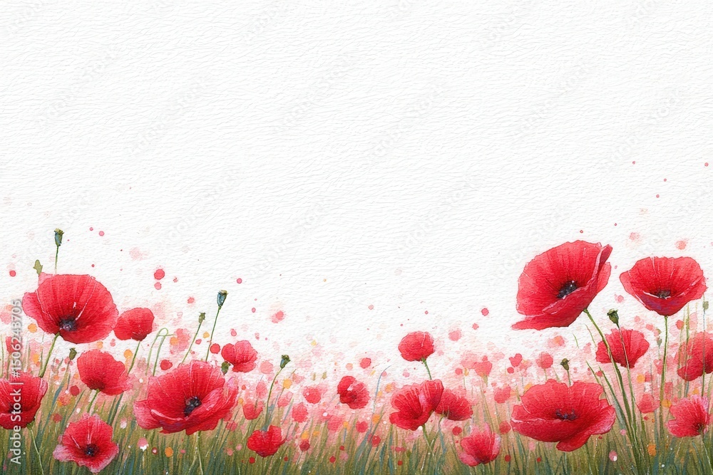 A field filled with vibrant red poppies swaying gently in the breeze under a clear blue sky. The lush greenery provides a perfect backdrop for these beautiful flowers.