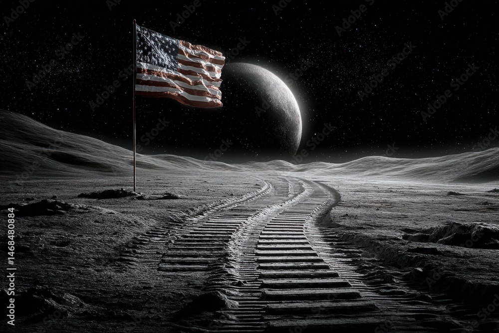 A flag waves on the moons surface, with a winding path made of tracks leading toward a large planet in the dark sky. The landscape is stark and barren, highlighting the vastness of space.