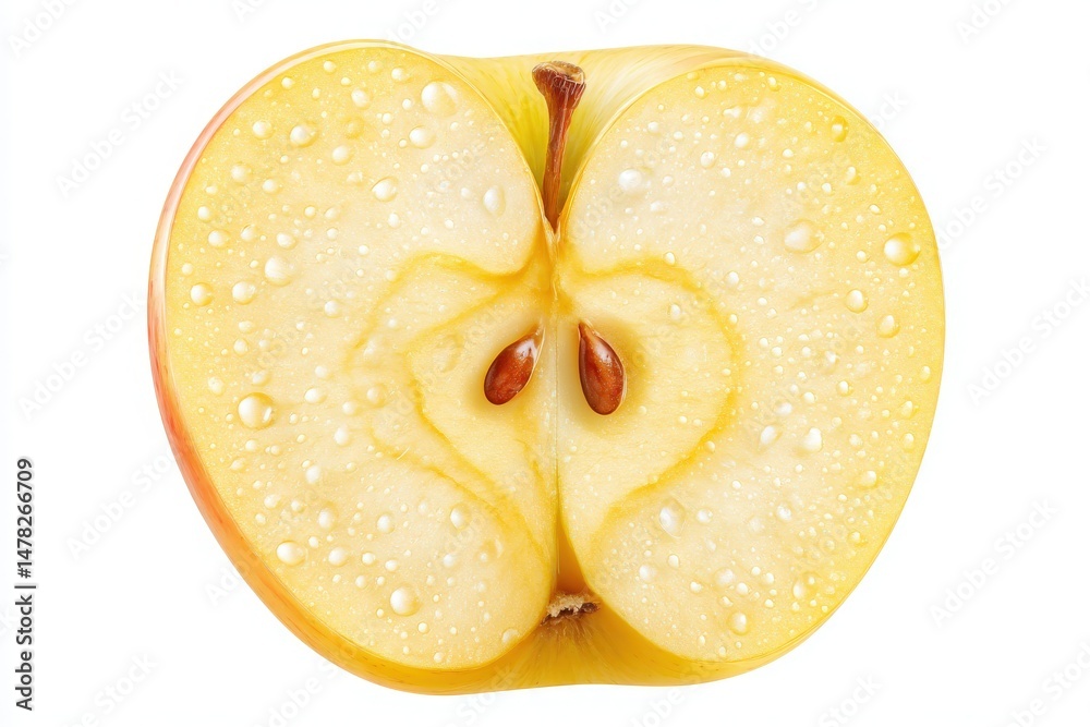 A fresh yellow apple is sliced in half, revealing its juicy flesh and seeds. Water droplets cling to the surface, enhancing its vibrant color and freshness. Ideal for healthy eating.