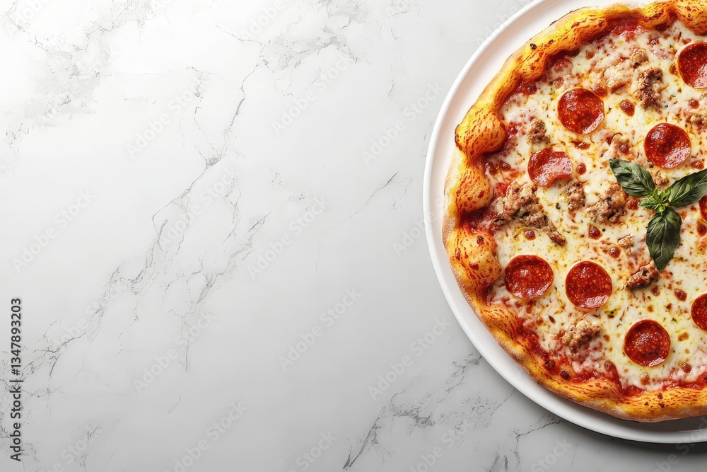 A freshly baked pepperoni pizza is placed on a marble countertop. The pizza features a golden crust, melted cheese, and slices of pepperoni, garnished with a few leaves of fresh basil.