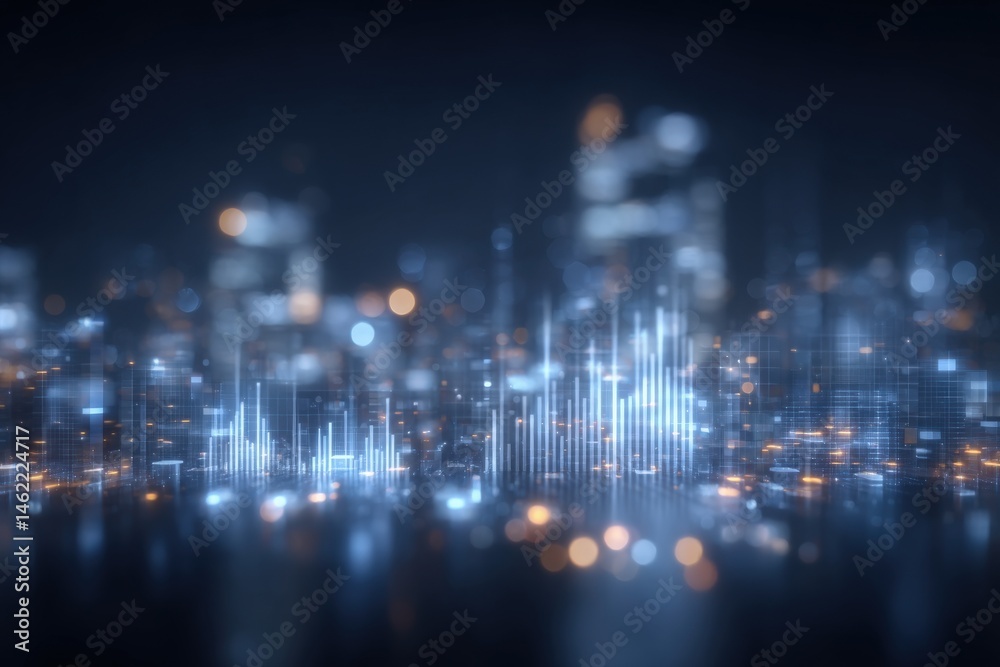 A futuristic city skyline is illuminated at night with glowing lights and an advanced data visualization overlay. The scene captures a blend of technology and urban life, highlighting innovation.