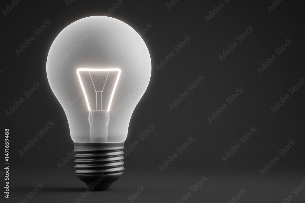 A futuristic light bulb stands in a dim environment, showcasing its sleek design. The filament glows softly, creating a striking visual contrast against the dark backdrop.