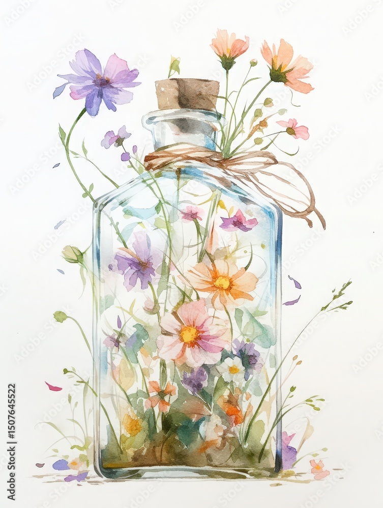 A glass bottle filled with colorful wildflowers is depicted in a delicate watercolor style. The vibrant blossoms are tied with twine, showcasing the beauty of nature captured within the glass.