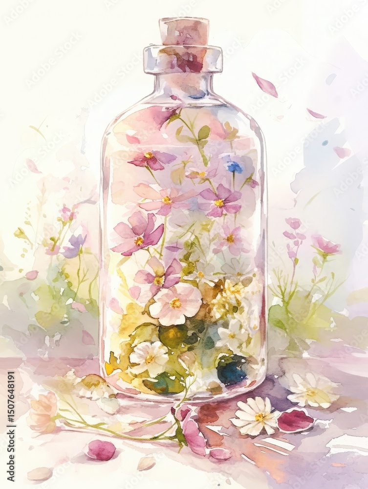 A glass bottle filled with vibrant flowers in soft pastel colors sits against a light background. Blossoms are delicately arranged inside, evoking a tranquil and artistic atmosphere.