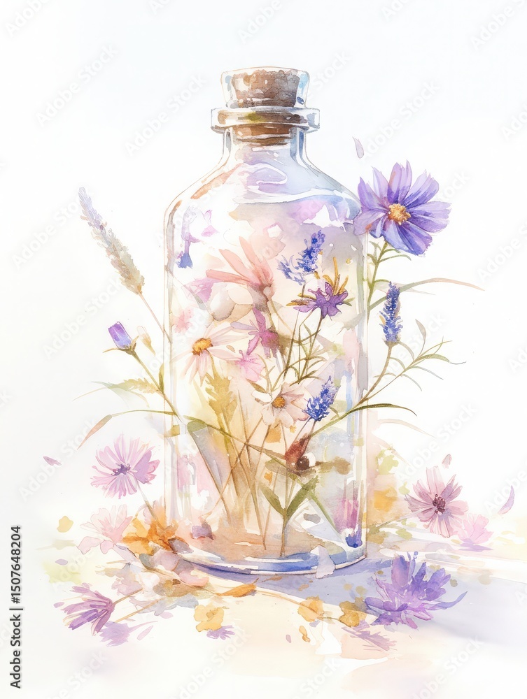A glass bottle filled with vibrant wildflowers stands against a soft white background. Delicate petals and greenery create a charming display, showcasing pastel colors and a serene atmosphere.