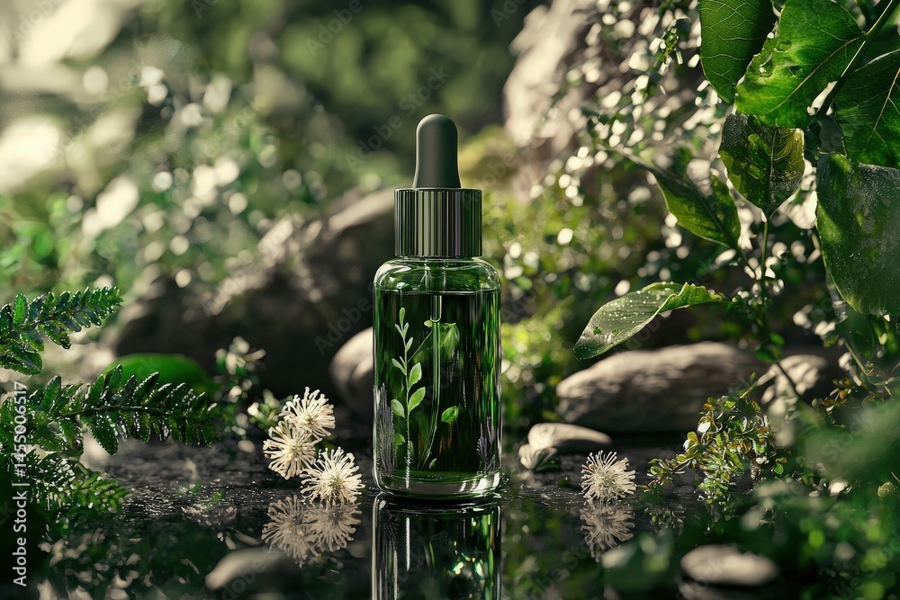 A glass essence bottle filled with green liquid sits among vibrant foliage and scattered pebbles. Soft sunlight filters through the leaves, creating a tranquil ambiance in nature.