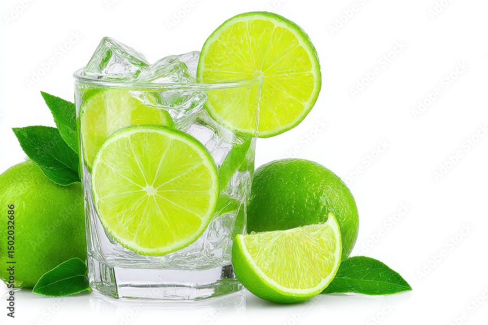 A glass filled with ice cubes and lime slices is presented alongside whole limes and lime segments. The bright green color and fresh look highlight the refreshing nature of this drink.