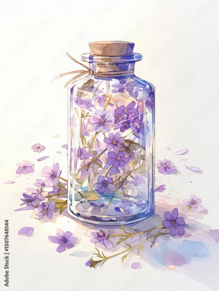 A glass jar filled with vibrant purple flowers is placed gently on a soft surface. Some flowers are scattered around, creating a serene and artistic arrangement.