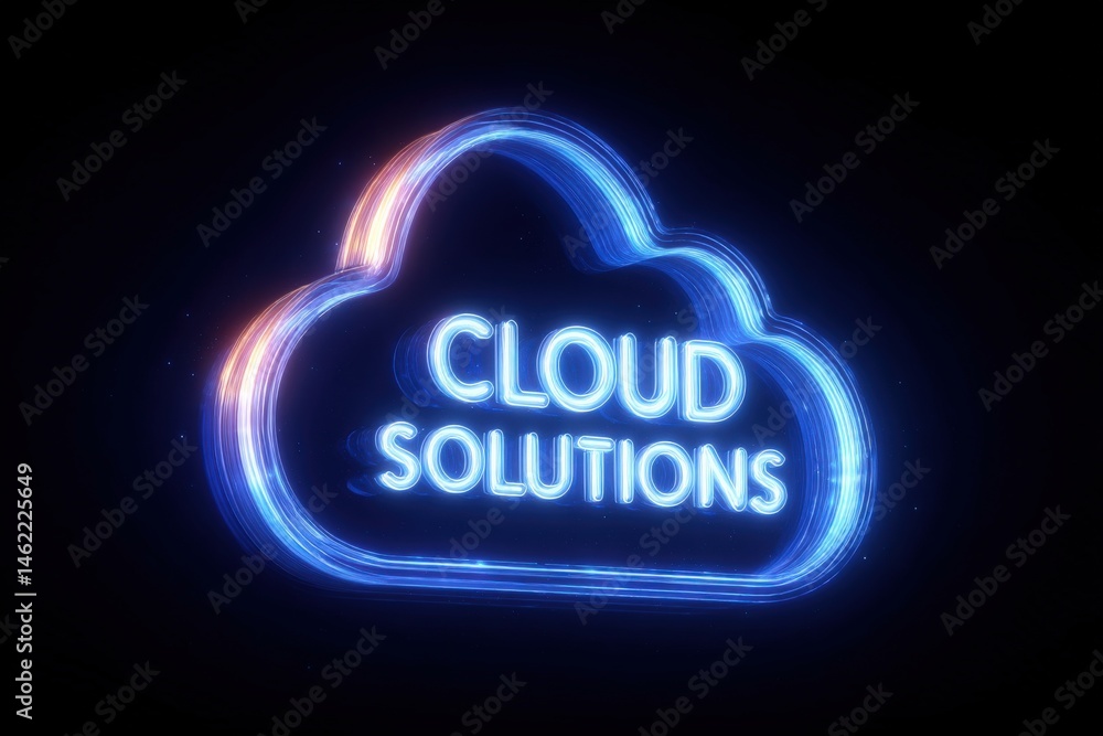 A glowing sign displaying the words cloud solutions in bright neon colors is illuminated against a dark background. The modern design emphasizes technology and innovation.