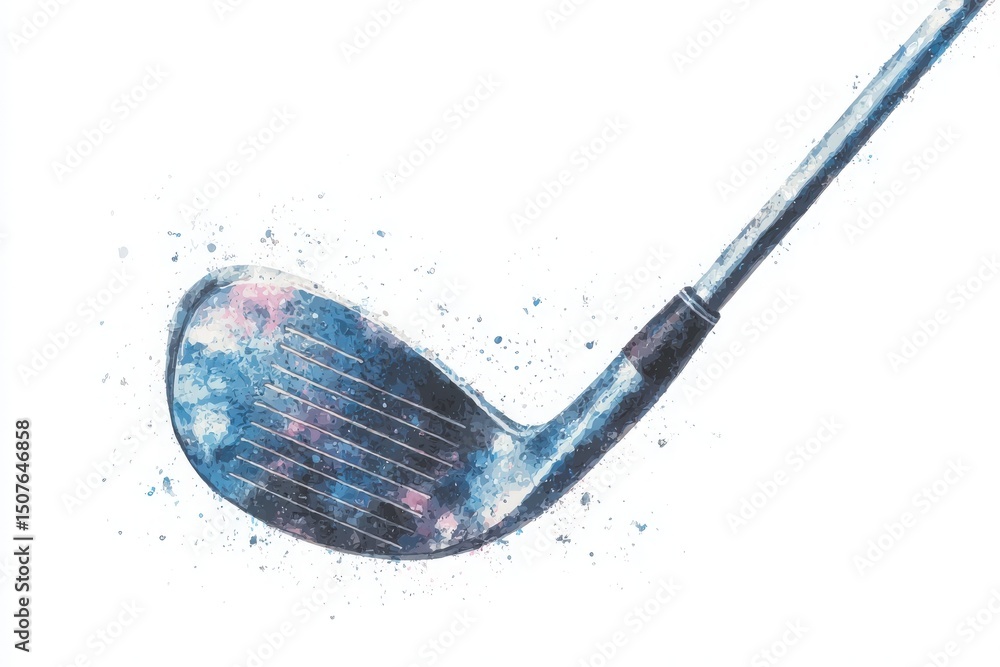A golf club head is prominently displayed, highlighting its sleek design and unique color patterns. The background features splashes of color that enhance the artistry of the club.