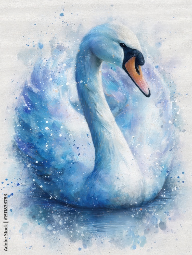 A graceful white swan occupies the center of the artwork, its feathers blending into soft blue hues. Watercolor splashes enhance the tranquil atmosphere, evoking a sense of calm.