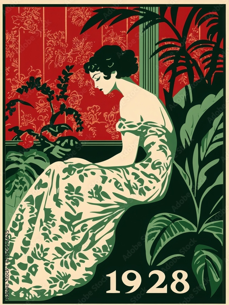 A graceful woman sits amid lush plants, wearing a floral-patterned gown from 1928. The rich red wallpaper complements her serene expression as she admires a blooming flower.