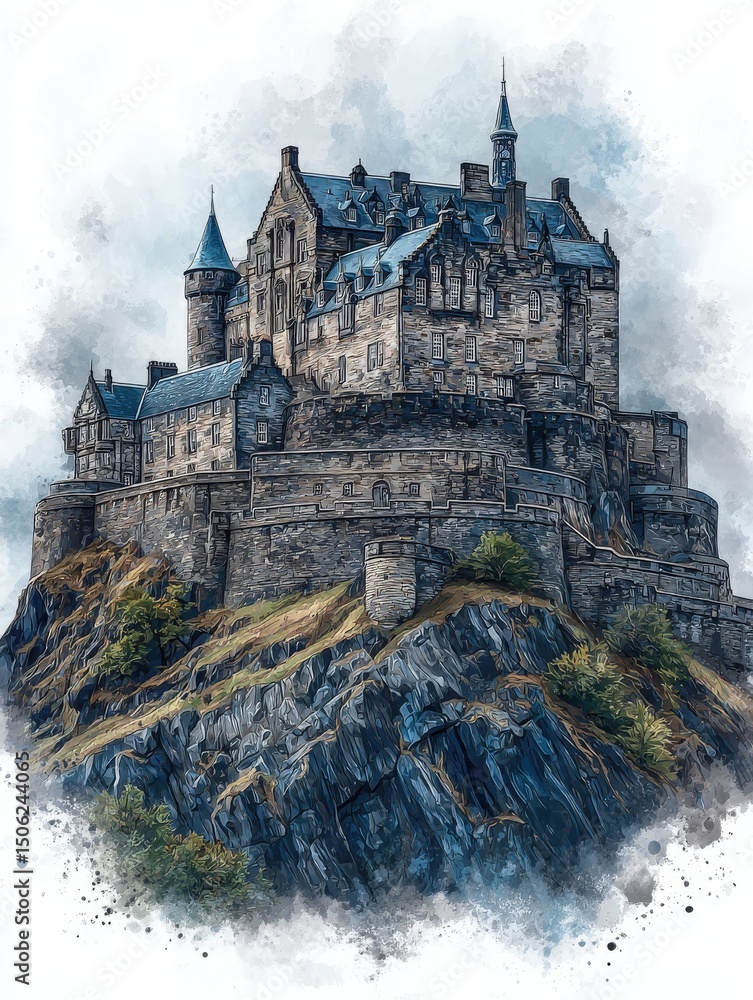 A grand castle perched atop a rocky outcrop features multiple turrets and intricate stonework, surrounded by lush greenery under a bright sky.