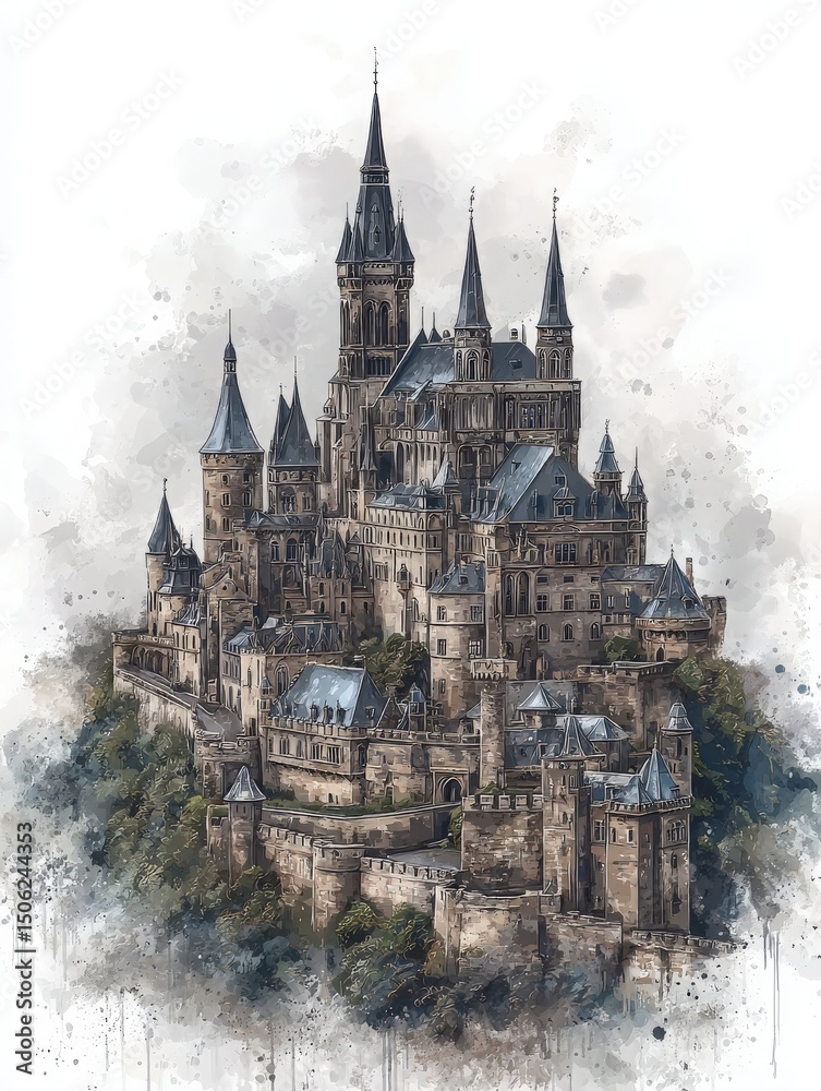 A grand castle stands prominently on a rocky outcrop, featuring tall spires, turrets, and intricate stonework.