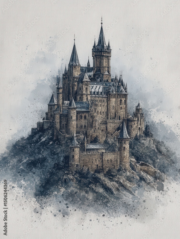 A grand castle stands tall atop a rocky hill, featuring multiple towers and spires.