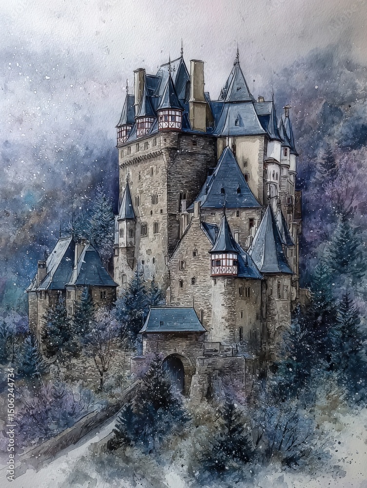 A grand medieval castle sits atop a hill, its towers and rooftops dusted with snow. Surrounded by frosted trees, this enchanting scene evokes a sense of mystery and history on a chilly winter day.