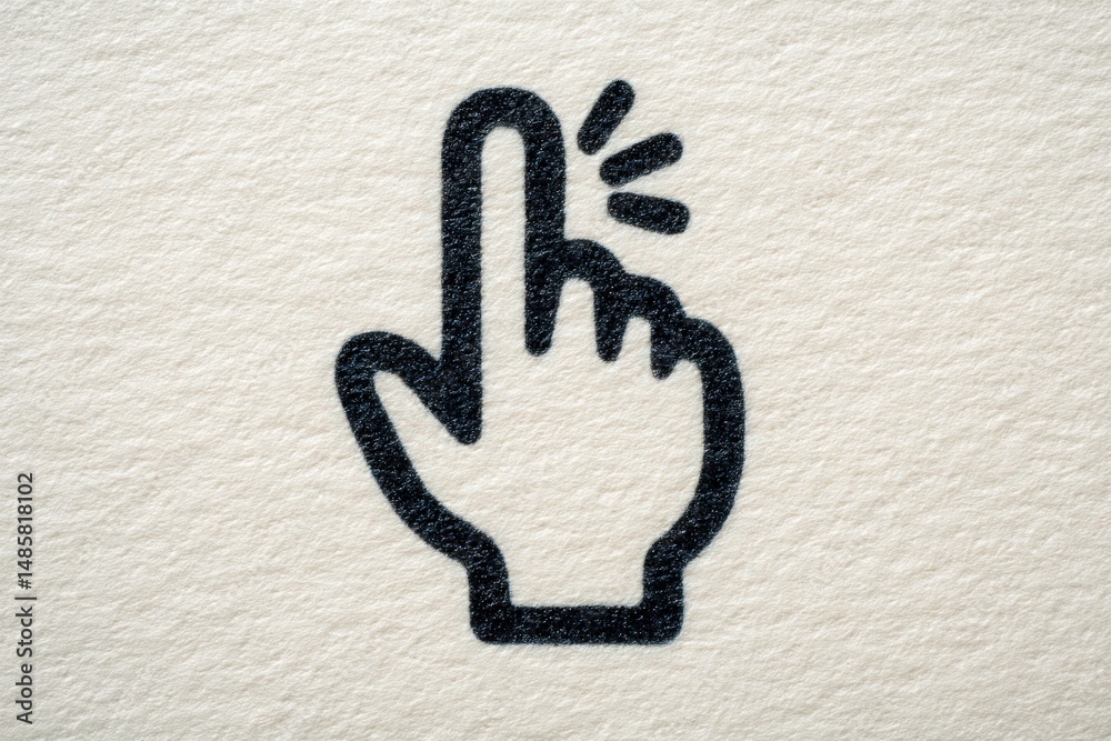 A graphic representation of a hand with an extended finger pointing upwards. The design is bold and simple, set against a textured beige background, highlighting clarity and focus.