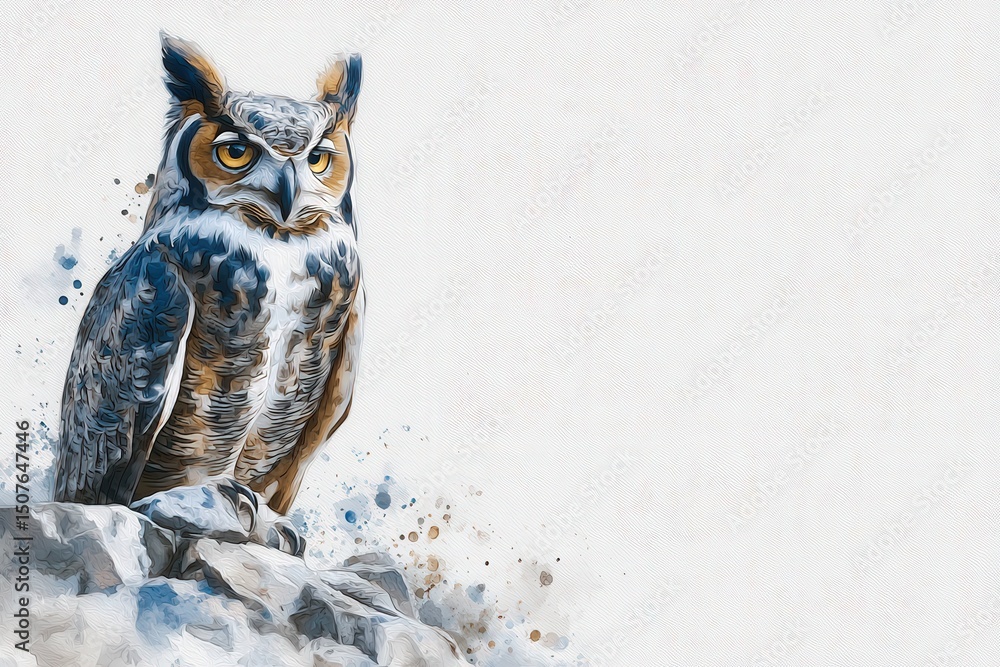 A great horned owl sits majestically on a rocky surface, showcasing its distinctive feathers and intense gaze. The background features artistic splashes of color, enhancing the subjects presence.
