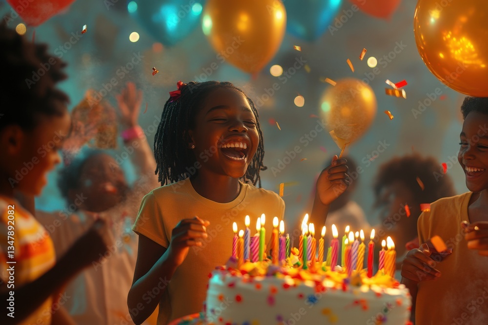 A group of children enjoys a birthday party filled with laughter and excitement. One child, standing by a cake with candles, celebrates joyfully amidst balloons and confetti.
